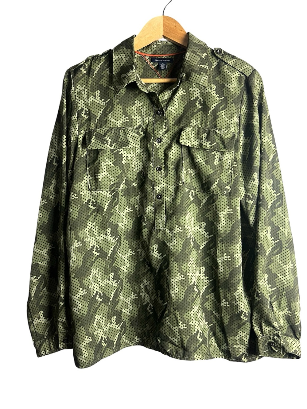 Tommy Hilfiger Camo Polka Dot Military Utility Blouse Shirt Green Size XL